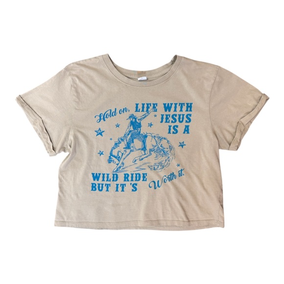 Vibe N’ Tops - Western Graphic Boxy Tee Size L Beige Blue Cotton Vintage Inspired